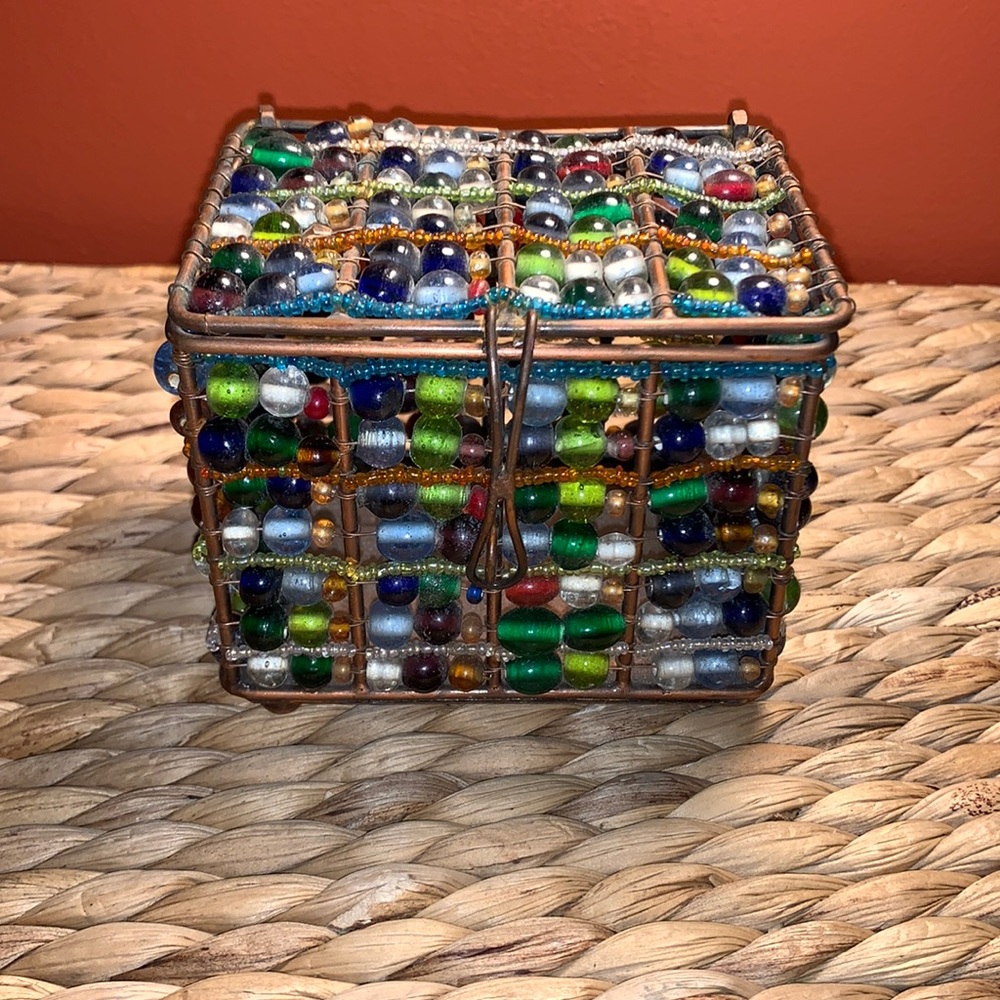 Beautiful vintage copper trinket / jewelry box with multicolor glass beads